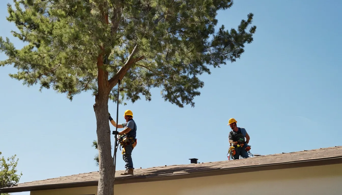 A local tree provider crew safely removing a large tree beside a stucco home in Vallejo